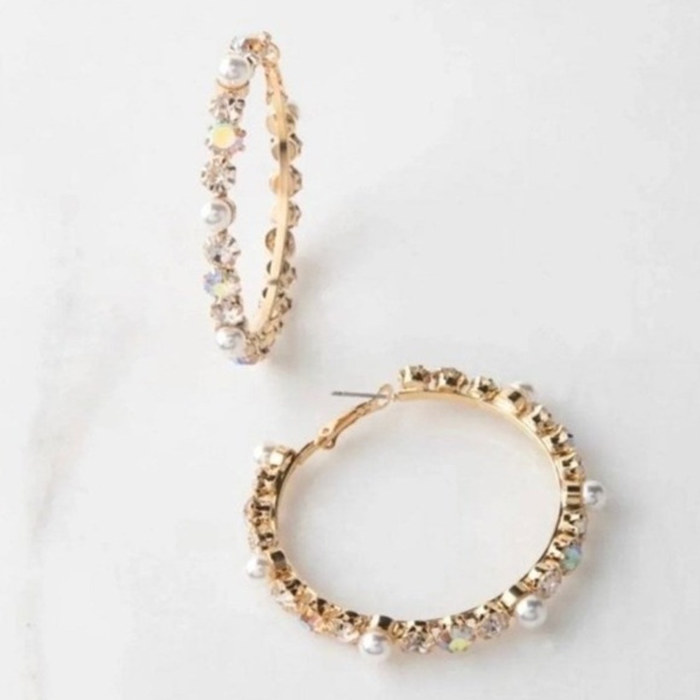 Gold Crystal and Faux Pearl Hoop Earrings Iridescent Beaded Statement Hoops